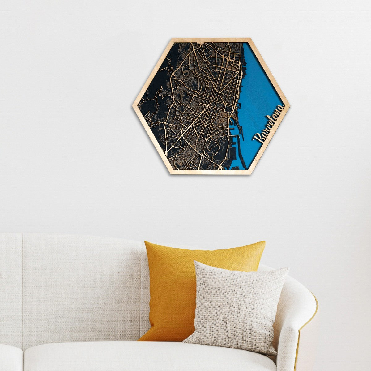 Barcelona Stadtplan aus Holz – 29 x 33 cm Sechseck/Hexagon
