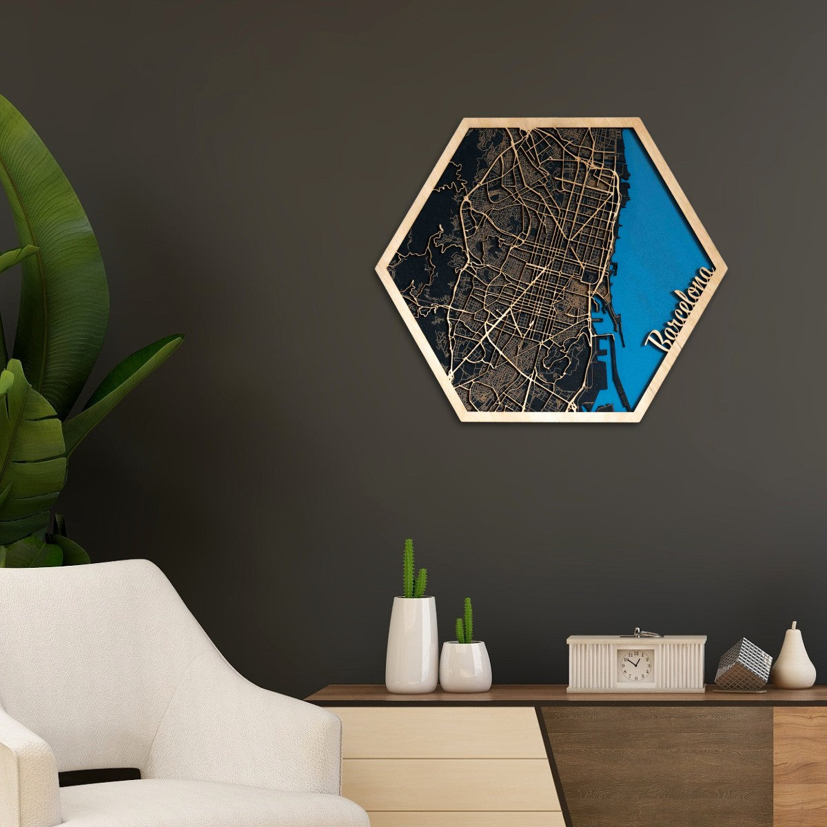 Barcelona Stadtplan aus Holz – 29 x 33 cm Sechseck/Hexagon