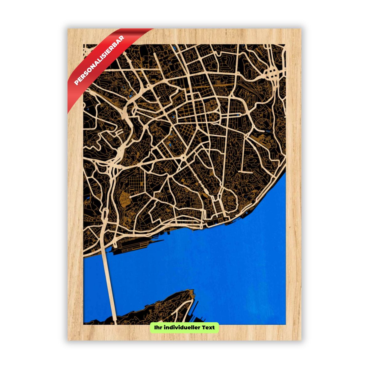 Lissabon Stadtplan aus Holz – Persönliche Gravur Geschenk