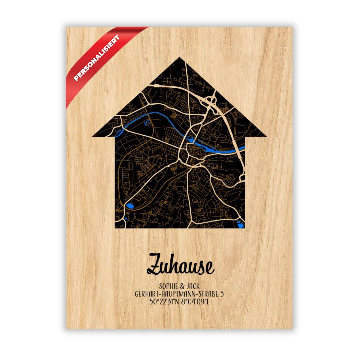 Personalisierte Stadtplan aus Holz "Zuhause" – 30x40 cm – Hochzeitstag / Einzugsgeschenk