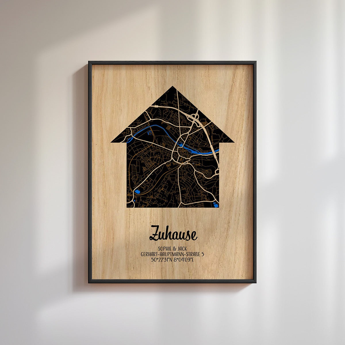 Personalisierte Stadtplan aus Holz "Zuhause" – 30x40 cm – Hochzeitstag / Einzugsgeschenk
