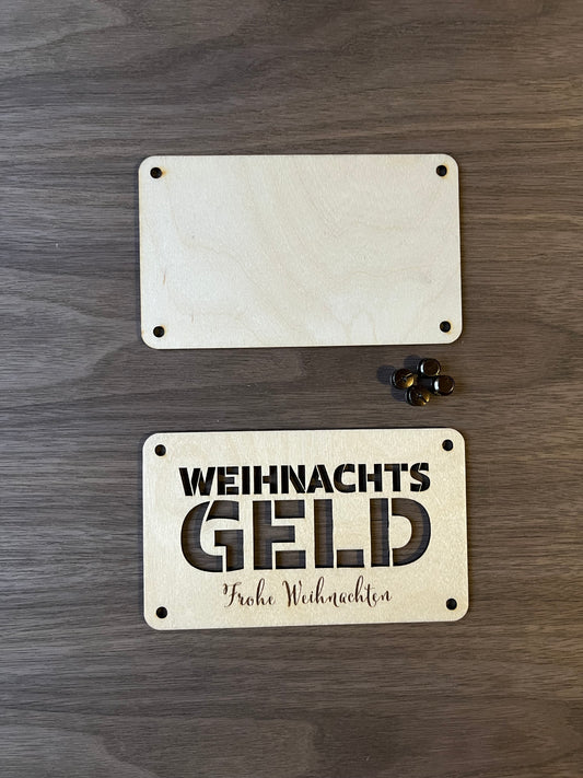 Weihnachts-Geldgeschenk aus Holz – Karte "WEIHNACHTSGELD" mit Gravur