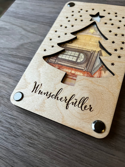 Wunscherfüller – Weihnachts-Geldgeschenk aus Holz – Karte "Tannenbaum"