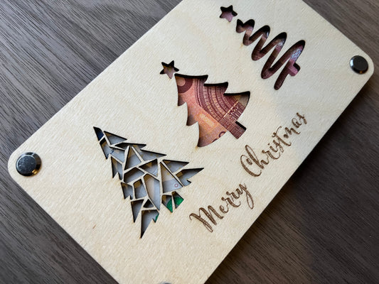 Weihnachts-Geldgeschenk aus Holz – Merry Christmas – Karte mit Tannenbaum-Motiv & Gravur