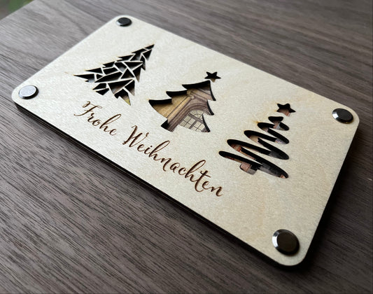 Weihnachts-Geldgeschenk aus Holz – Frohe Weihnachten – Karte mit Tannenbaum-Motiv & Gravur