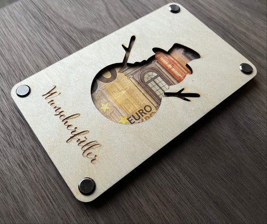 Wunscherfüller – Weihnachts-Geldgeschenk aus Holz – Karte "Schneemann"