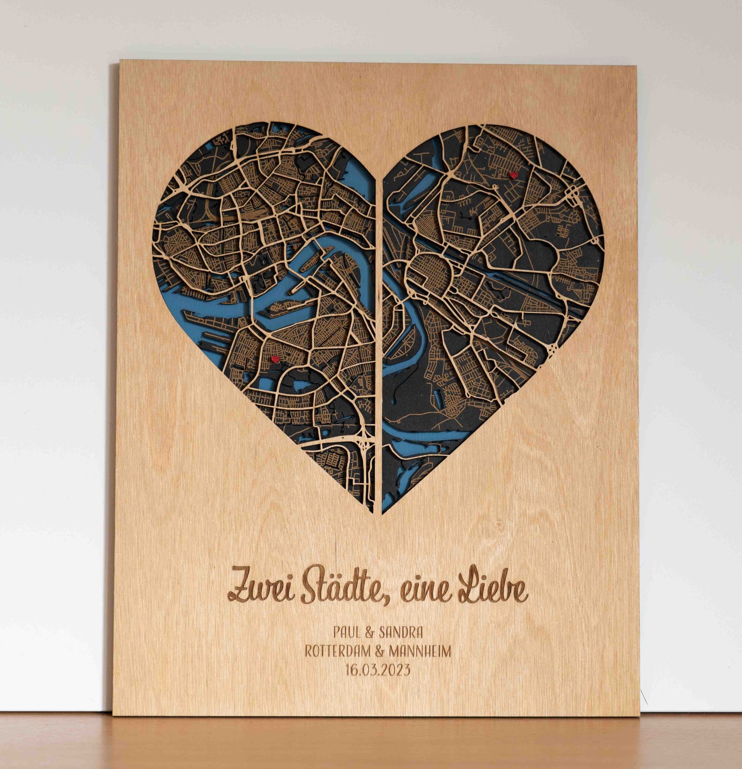 Zwei Städte, eine Liebe – Stadtplan aus Holz ❤️❤️ – 30x40 cm Herz – Hochzeitstag Geschenk