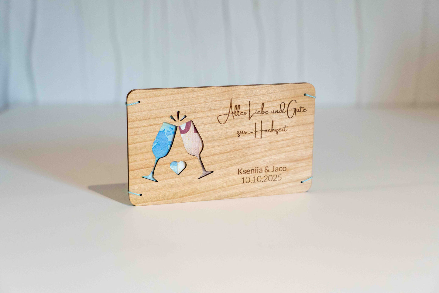 Hochzeitsgeldgeschenk Personalisierbar Holzkarte mit Gläser Motiv