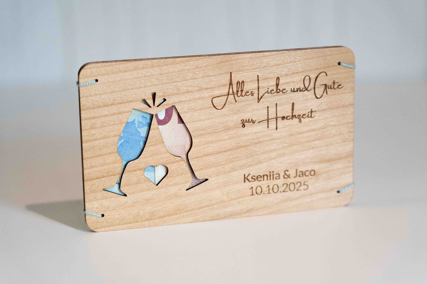 Hochzeitsgeldgeschenk Personalisierbar Holzkarte mit Gläser Motiv