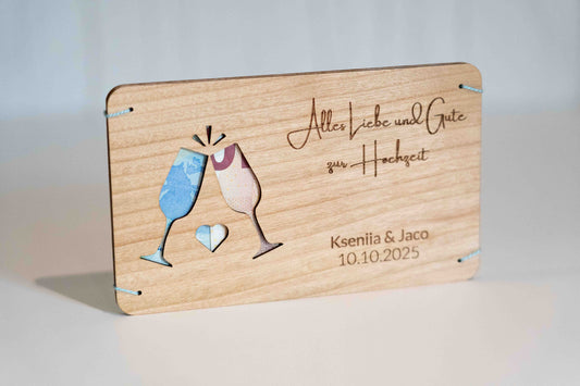 Hochzeitsgeldgeschenk Personalisierbar Holzkarte mit Gläser Motiv