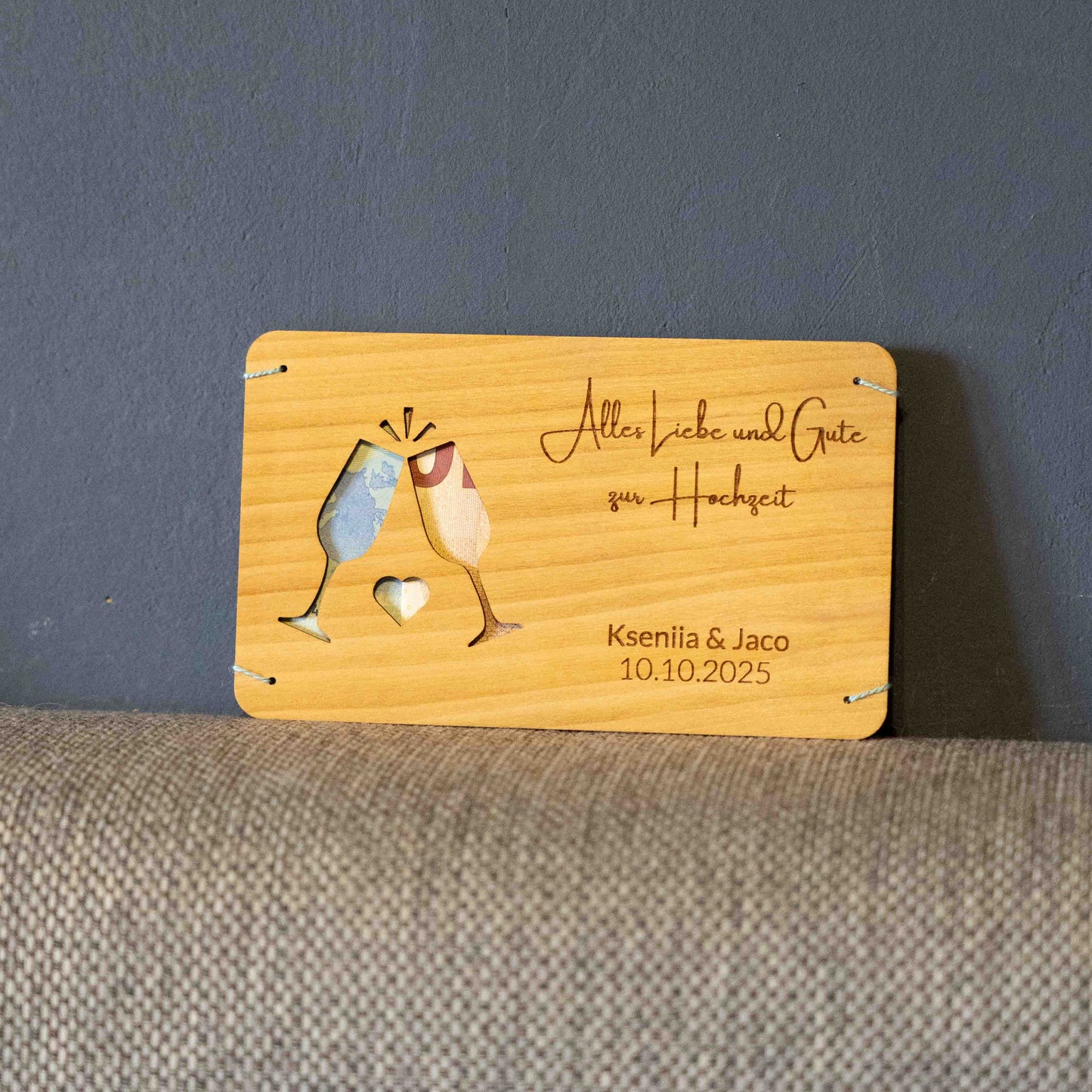 Hochzeitsgeldgeschenk Personalisierbar Holzkarte mit Gläser Motiv