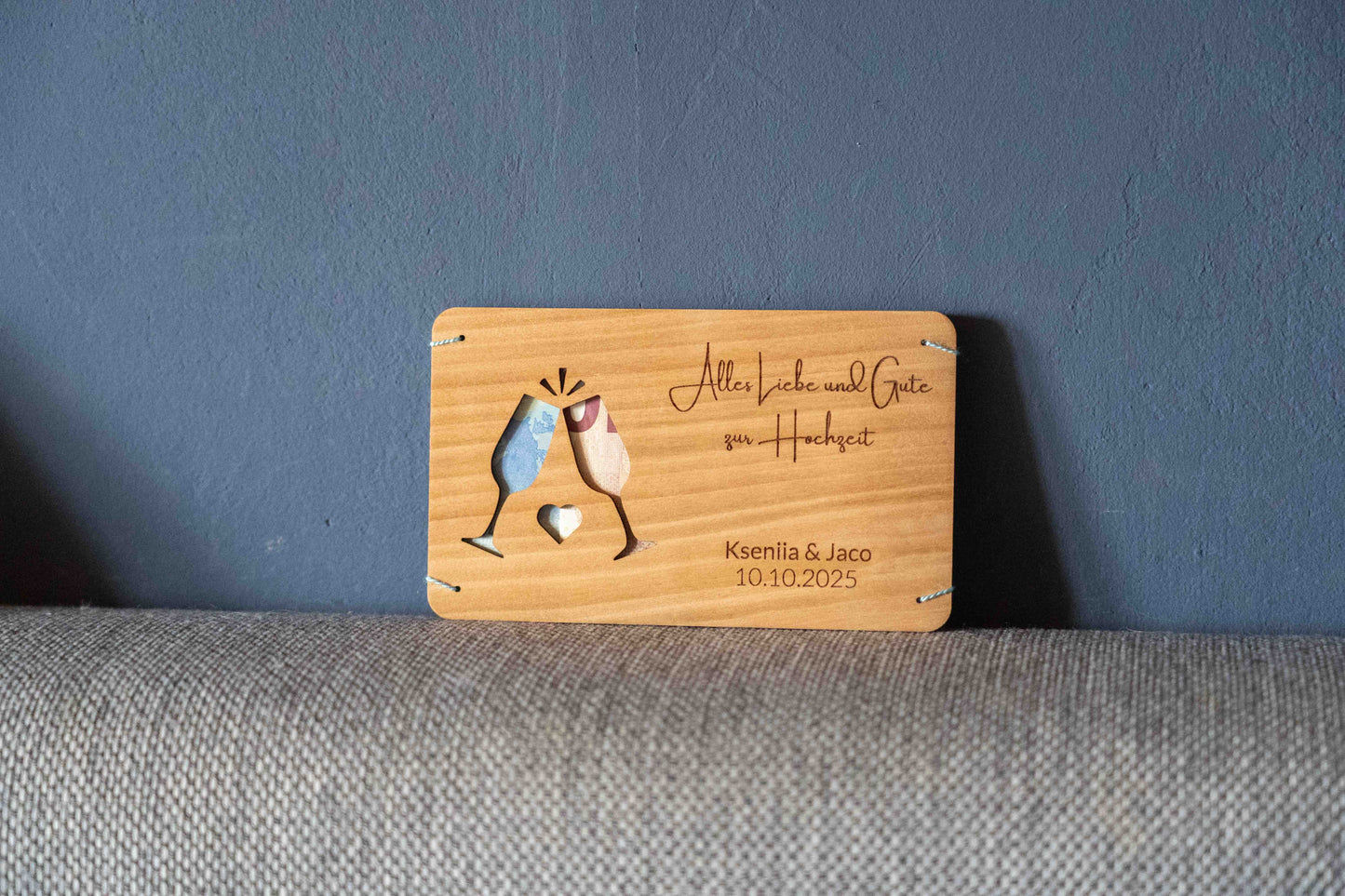 Hochzeitsgeldgeschenk Personalisierbar Holzkarte mit Gläser Motiv