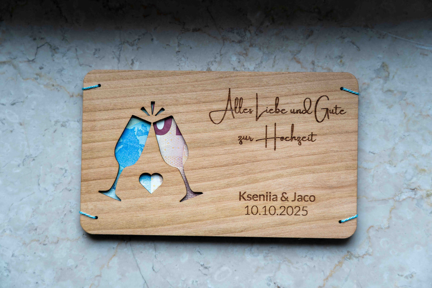 Hochzeitsgeldgeschenk Personalisierbar Holzkarte mit Gläser Motiv