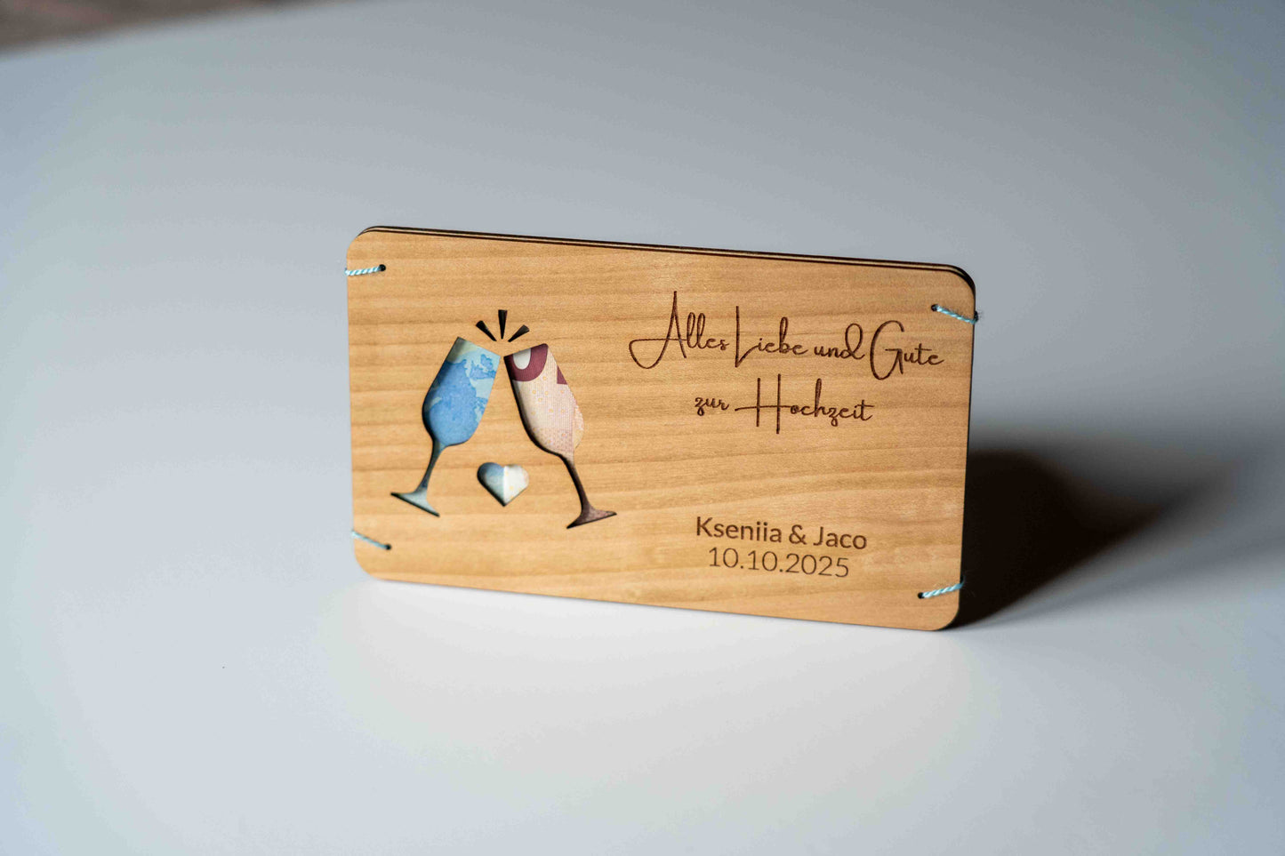 Hochzeitsgeldgeschenk Personalisierbar Holzkarte mit Gläser Motiv