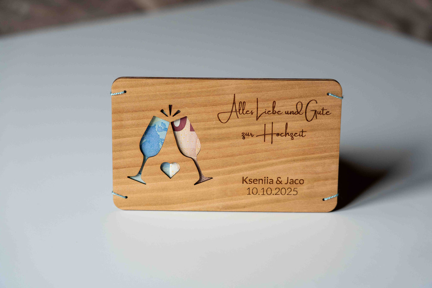 Hochzeitsgeldgeschenk Personalisierbar Holzkarte mit Gläser Motiv