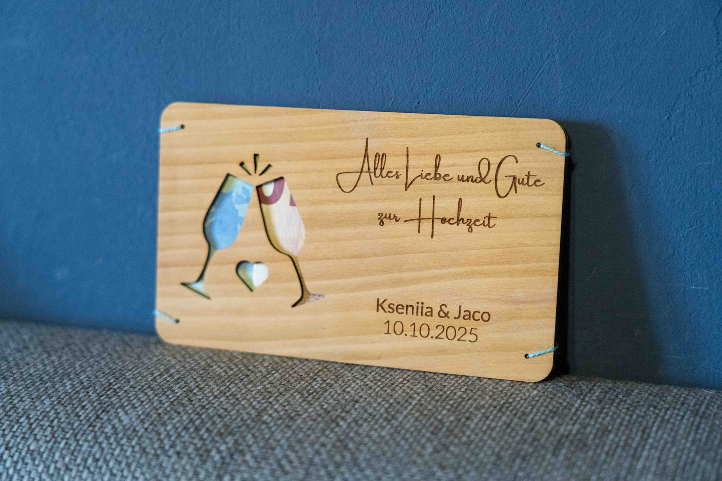 Hochzeitsgeldgeschenk Personalisierbar Holzkarte mit Gläser Motiv