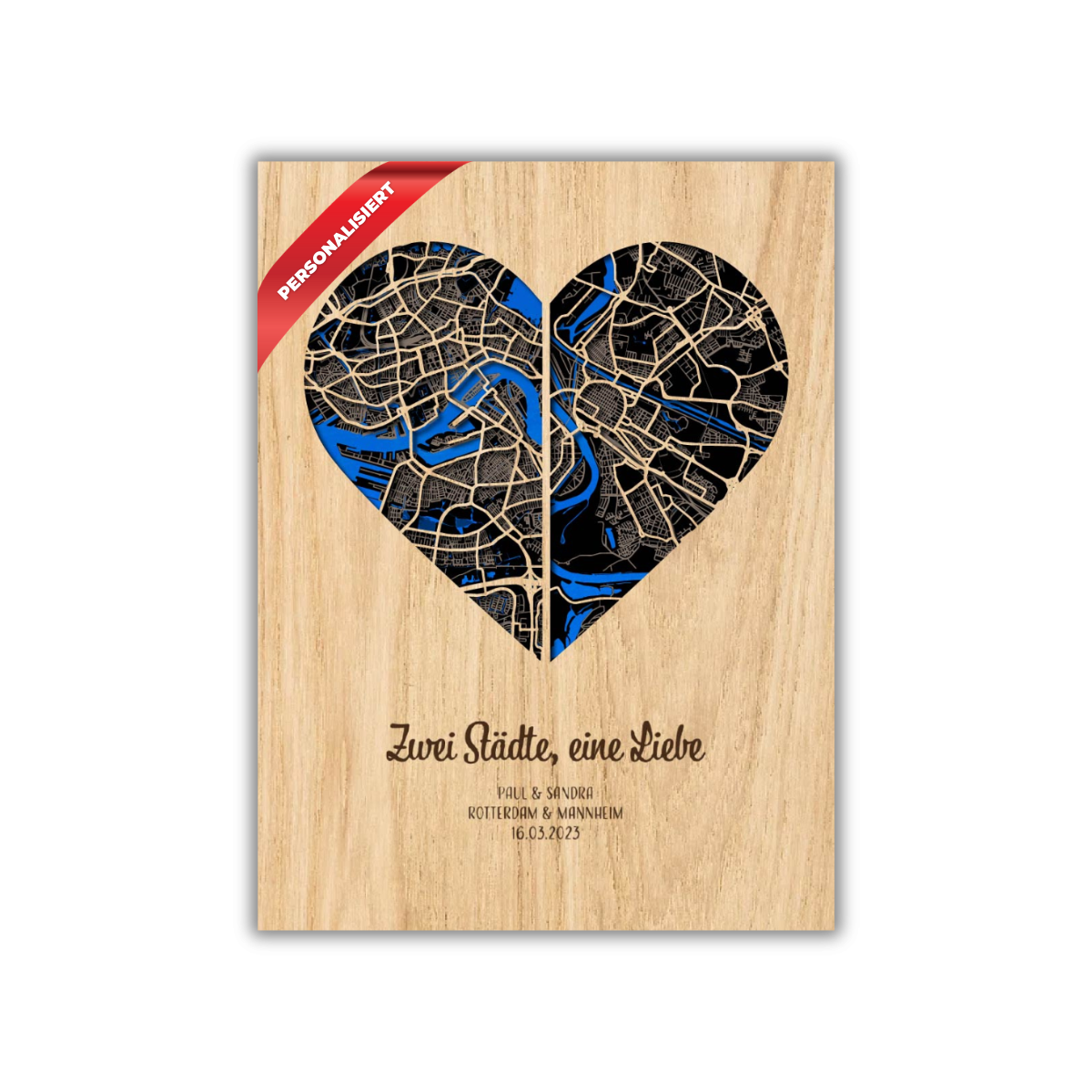 Zwei Städte, eine Liebe – Stadtplan aus Holz ❤️❤️ – 30x40 cm Herz – Hochzeitstag Geschenk