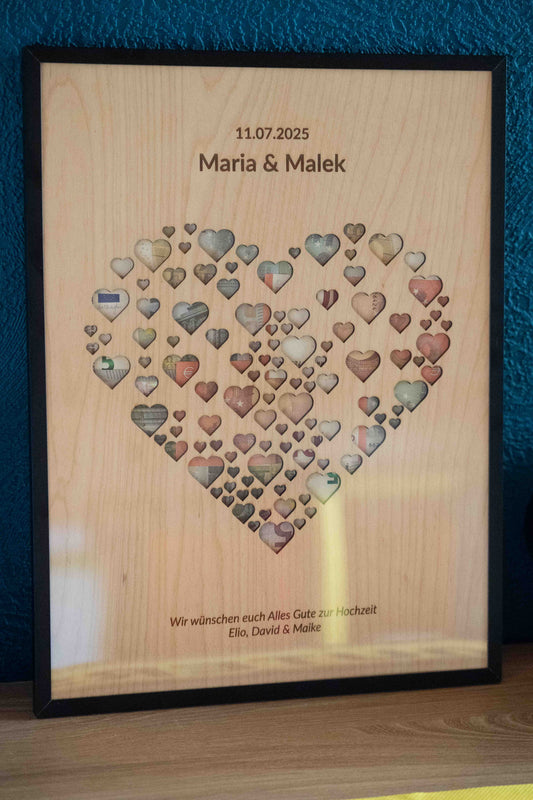 Personalisiertes Hochzeitsgeldgeschenk Herz Wandbild aus Holz