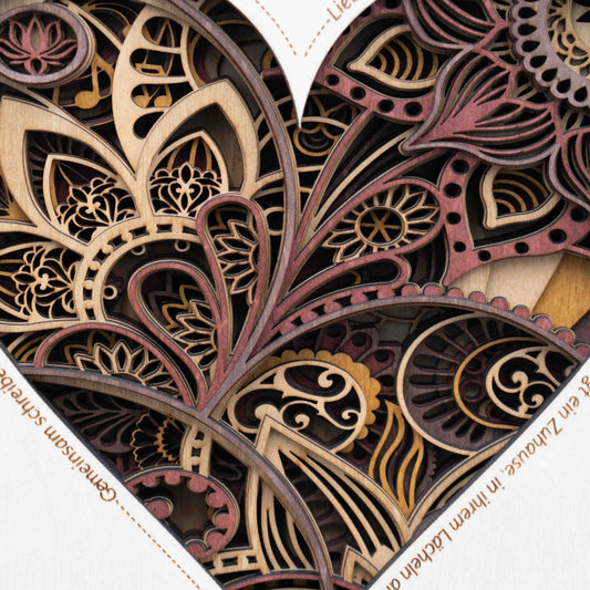 Herz-Mandala Wandbild mit Spruch – 3D Holzbild aus Birke (10 Lagen) 29×29 cm