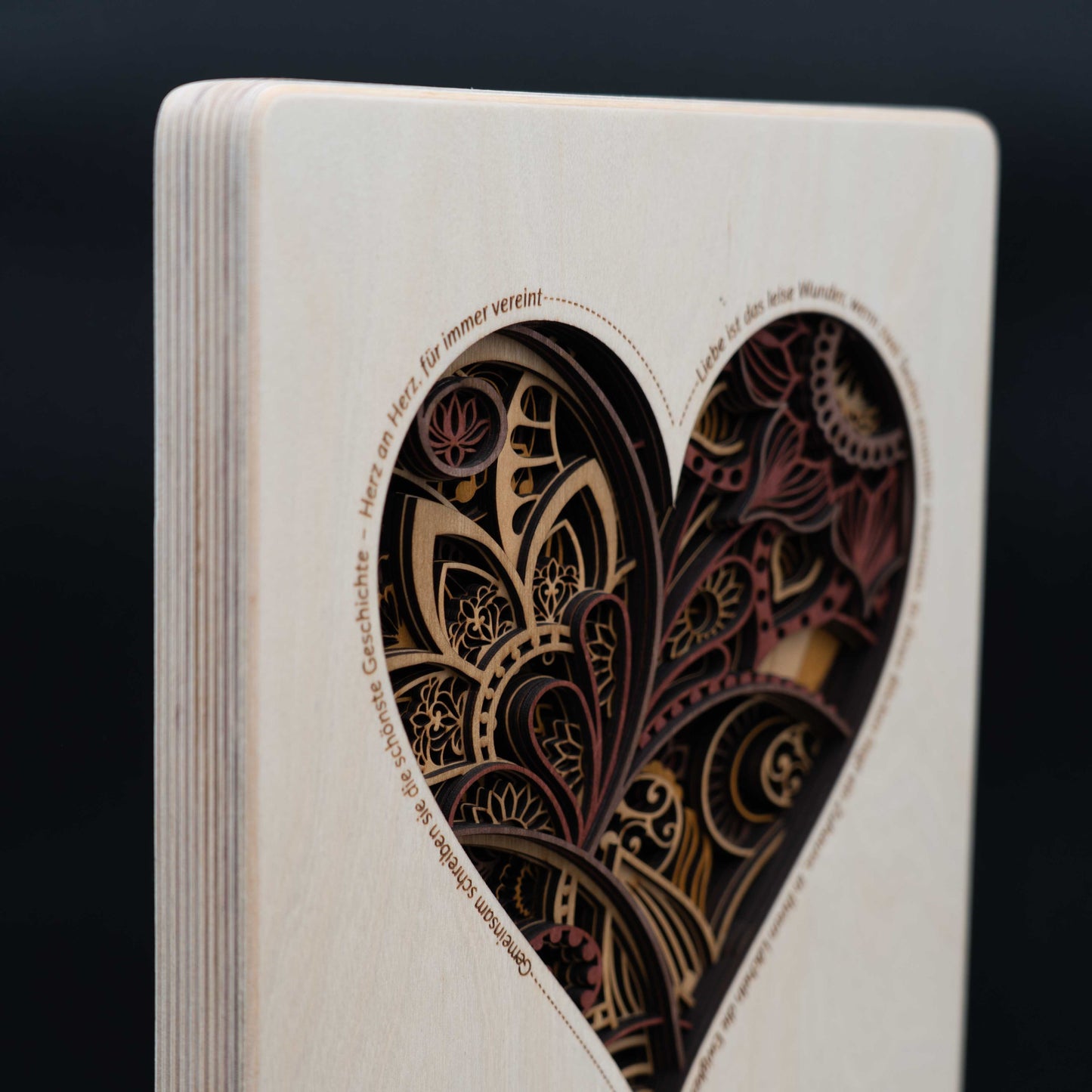 Herz-Mandala Wandbild mit Spruch – 3D Holzbild aus Birke (10 Lagen) 29×29 cm