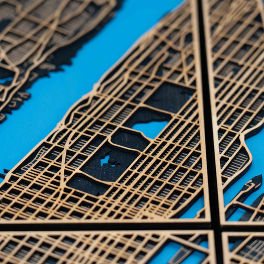 New York City Holz-Stadtplan – 4-teiliges 3D Wandbild (Gesamtgröße 58 × 82 cm)