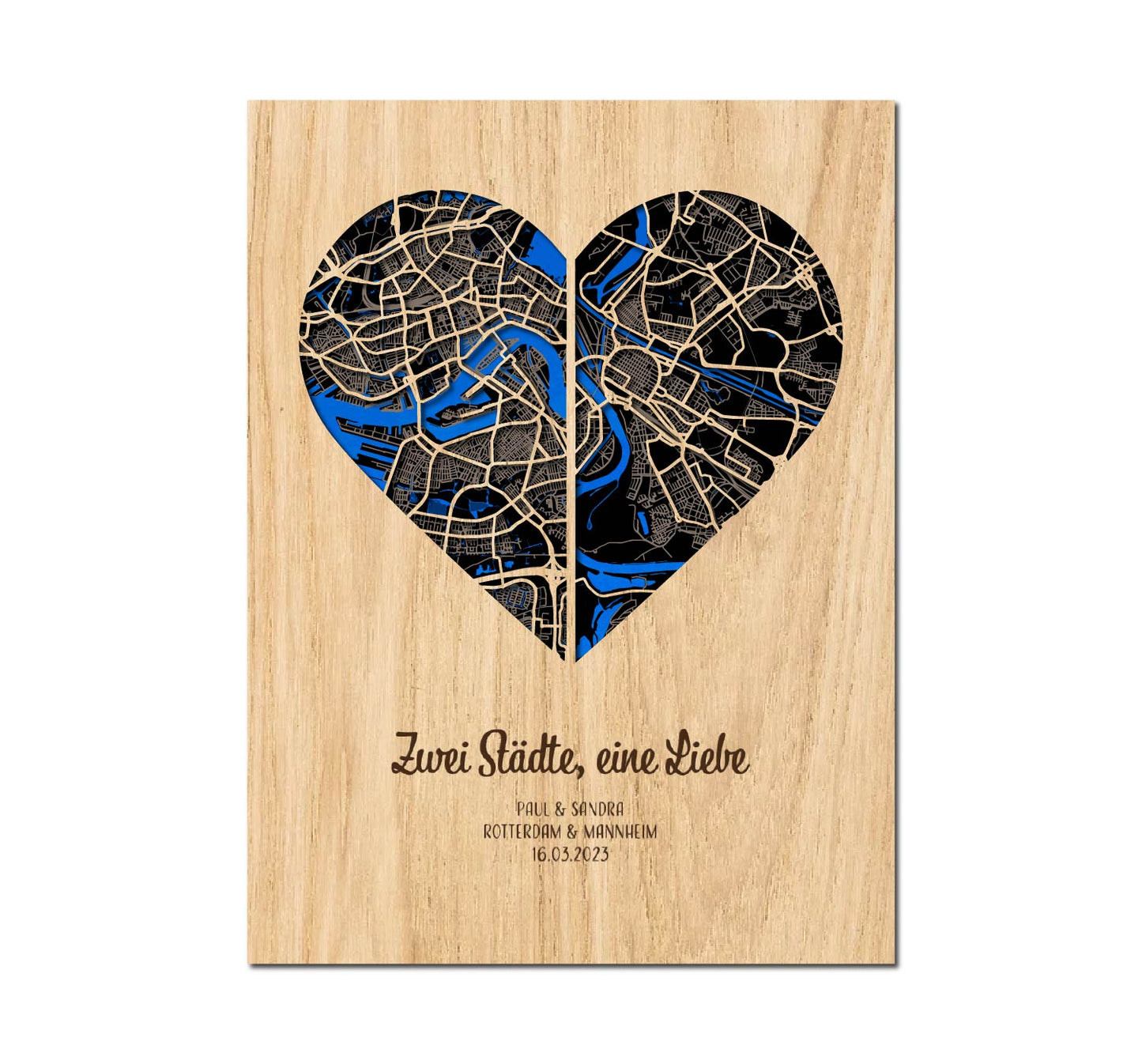 Zwei Städte, eine Liebe – Stadtplan aus Holz ❤️❤️ – 30x40 cm Herz – Hochzeitstag Geschenk