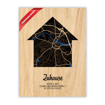 Personalisierte Stadtplan aus Holz "Zuhause" – 30x40 cm – Hochzeitstag / Einzugsgeschenk