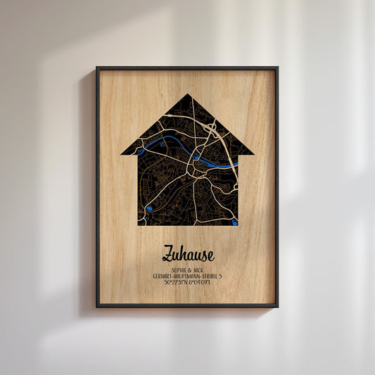 Personalisierte Stadtplan aus Holz "Zuhause" – 30x40 cm – Hochzeitstag / Einzugsgeschenk