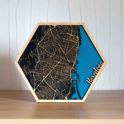 Barcelona Stadtplan aus Holz – 29 x 33 cm Sechseck/Hexagon