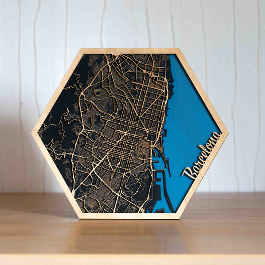 Barcelona Stadtplan aus Holz – 29 x 33 cm Sechseck/Hexagon