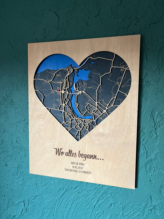 Stadtplan aus Holz "Wo alles begann" ❤️ 30x40 cm Herz – Hochzeitstag Geschenk