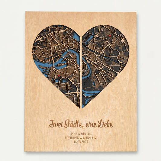 Zwei Städte, eine Liebe – Stadtplan aus Holz – 30x40 cm Herz – Hochzeitstag Geschenk