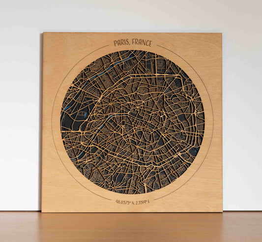 Paris Stadtplan aus Holz – 29 x 29 cm Rund