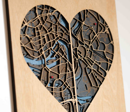Zwei Städte, eine Liebe – Stadtplan aus Holz ❤️❤️ – 30x40 cm Herz – Hochzeitstag Geschenk