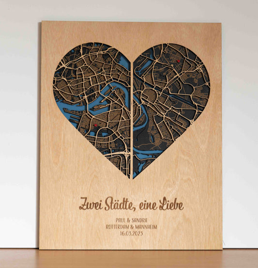 Zwei Städte, eine Liebe – Stadtplan aus Holz ❤️❤️ – 30x40 cm Herz – Hochzeitstag Geschenk