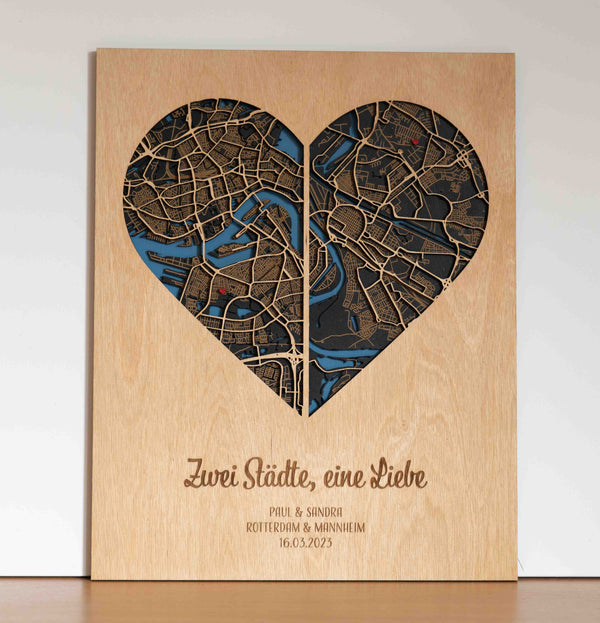 Zwei Städte, eine Liebe – Stadtplan aus Holz – 30x40 cm Herz – Hochzeitstag Geschenk