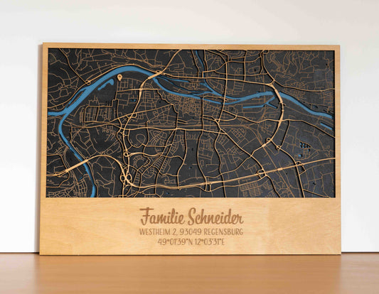 Dein Ort, dein Design – Stadtplan aus Holz – 41 x 29 cm Querformat