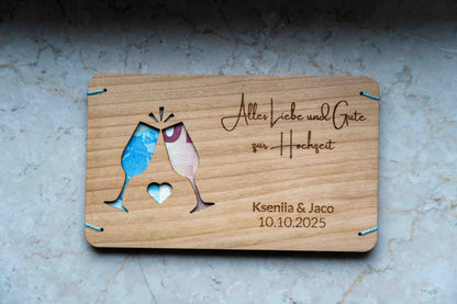 Hochzeitsgeldgeschenk Personalisierbar Holzkarte mit Gläser Motiv