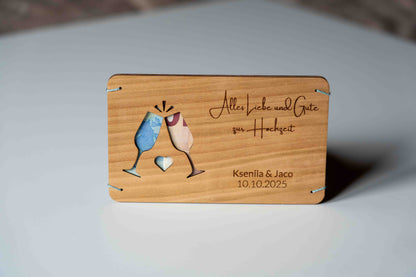 Hochzeitsgeldgeschenk Personalisierbar Holzkarte mit Gläser Motiv