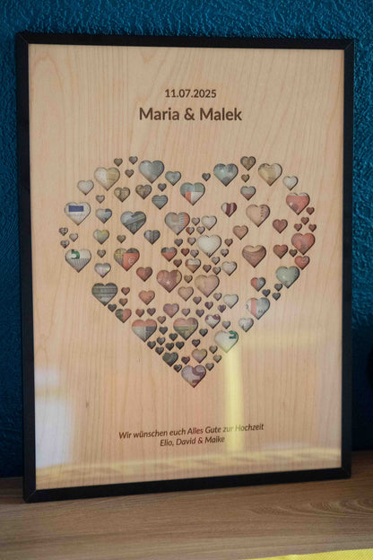 Personalisiertes Hochzeitsgeldgeschenk Herz Wandbild aus Holz