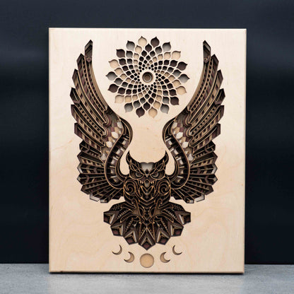 Eulen-Mandala Wandbild aus Holz – 3D Design aus Birke Multiplex (36×29 cm)