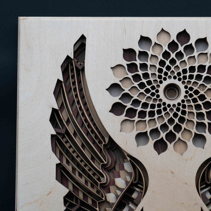 Eulen-Mandala Wandbild aus Holz – 3D Design aus Birke Multiplex (36×29 cm)