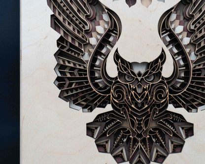 Eulen-Mandala Wandbild aus Holz – 3D Design aus Birke Multiplex (36×29 cm)