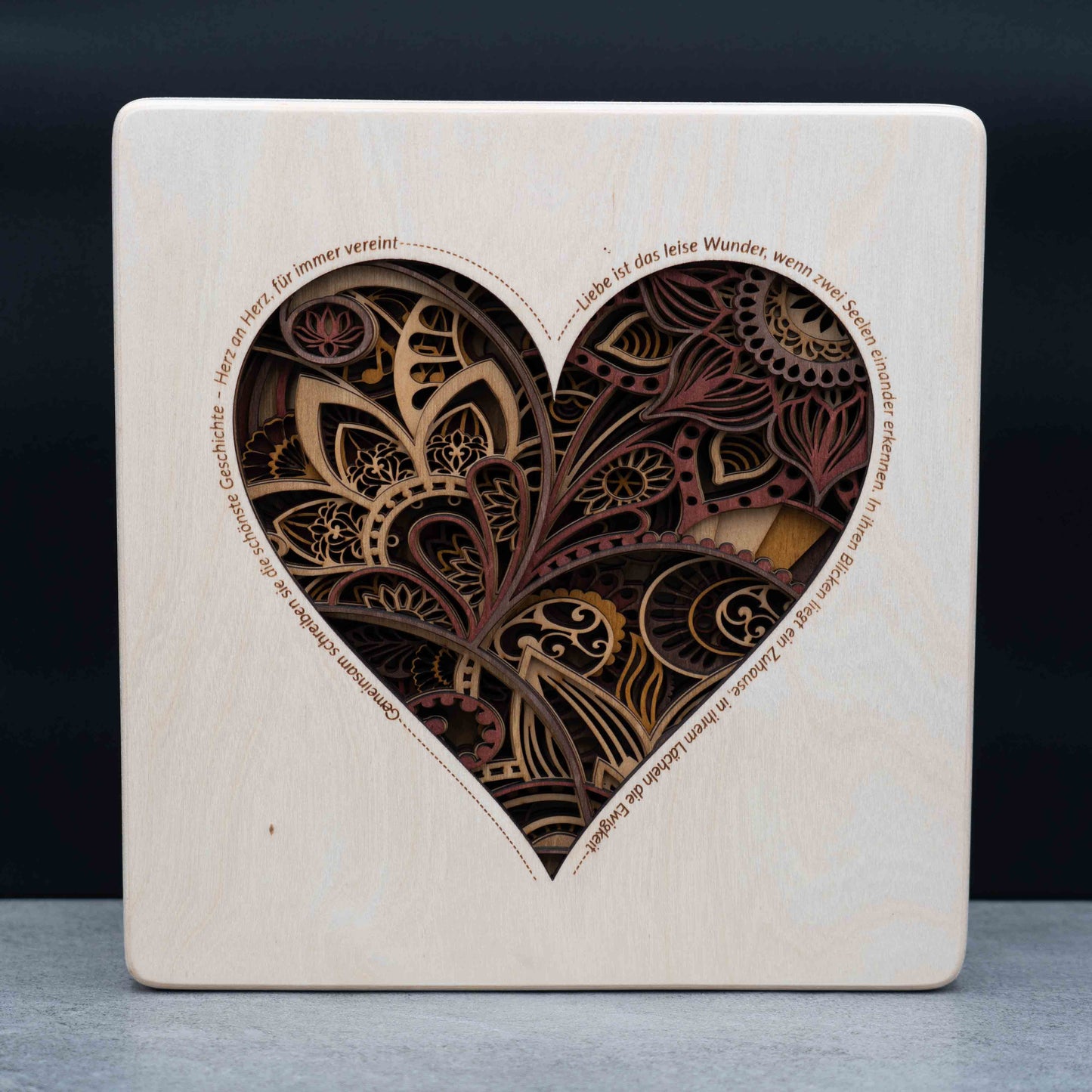 Herz-Mandala Wandbild mit Spruch – 3D Holzbild aus Birke (10 Lagen) 29×29 cm