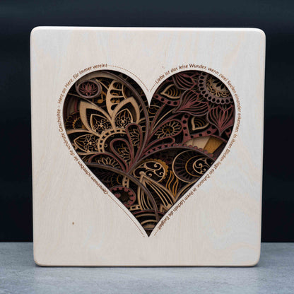 Herz-Mandala Wandbild mit Spruch – 3D Holzbild aus Birke (10 Lagen) 29×29 cm
