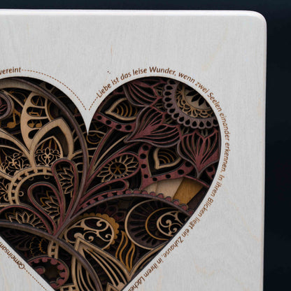 Herz-Mandala Wandbild mit Spruch – 3D Holzbild aus Birke (10 Lagen) 29×29 cm