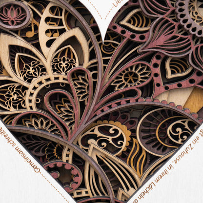 Herz-Mandala Wandbild mit Spruch – 3D Holzbild aus Birke (10 Lagen) 29×29 cm
