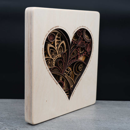 Herz-Mandala Wandbild mit Spruch – 3D Holzbild aus Birke (10 Lagen) 29×29 cm