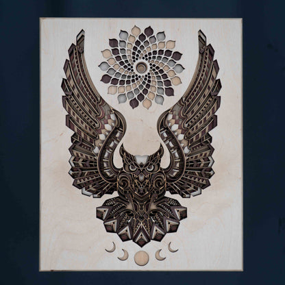 Eulen-Mandala Wandbild aus Holz – 3D Design aus Birke Multiplex (36×29 cm)