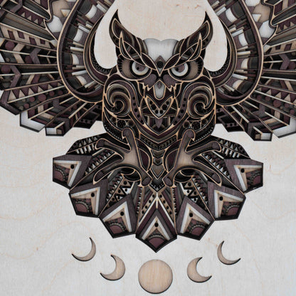 Eulen-Mandala Wandbild aus Holz – 3D Design aus Birke Multiplex (36×29 cm)